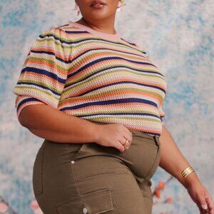 ELOQUII Elements Puff Sleeve Stripe Crochet Knit Sweater EUC (Size 18/20)